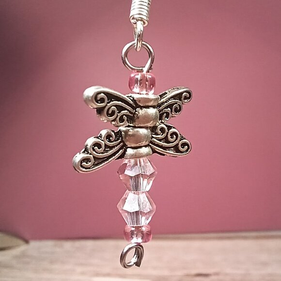 Silver-Toned Dragonfly Dangle Earrings with Pink Crystal Beads - Picture 10 of 11